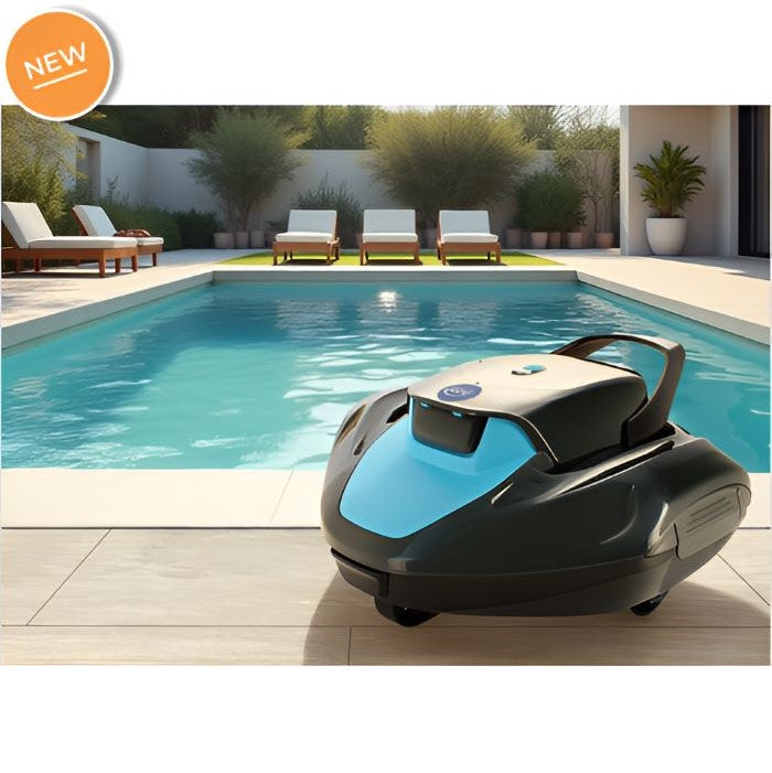 Gre Moovo 90 Akku-Poolroboter neben dem Pool