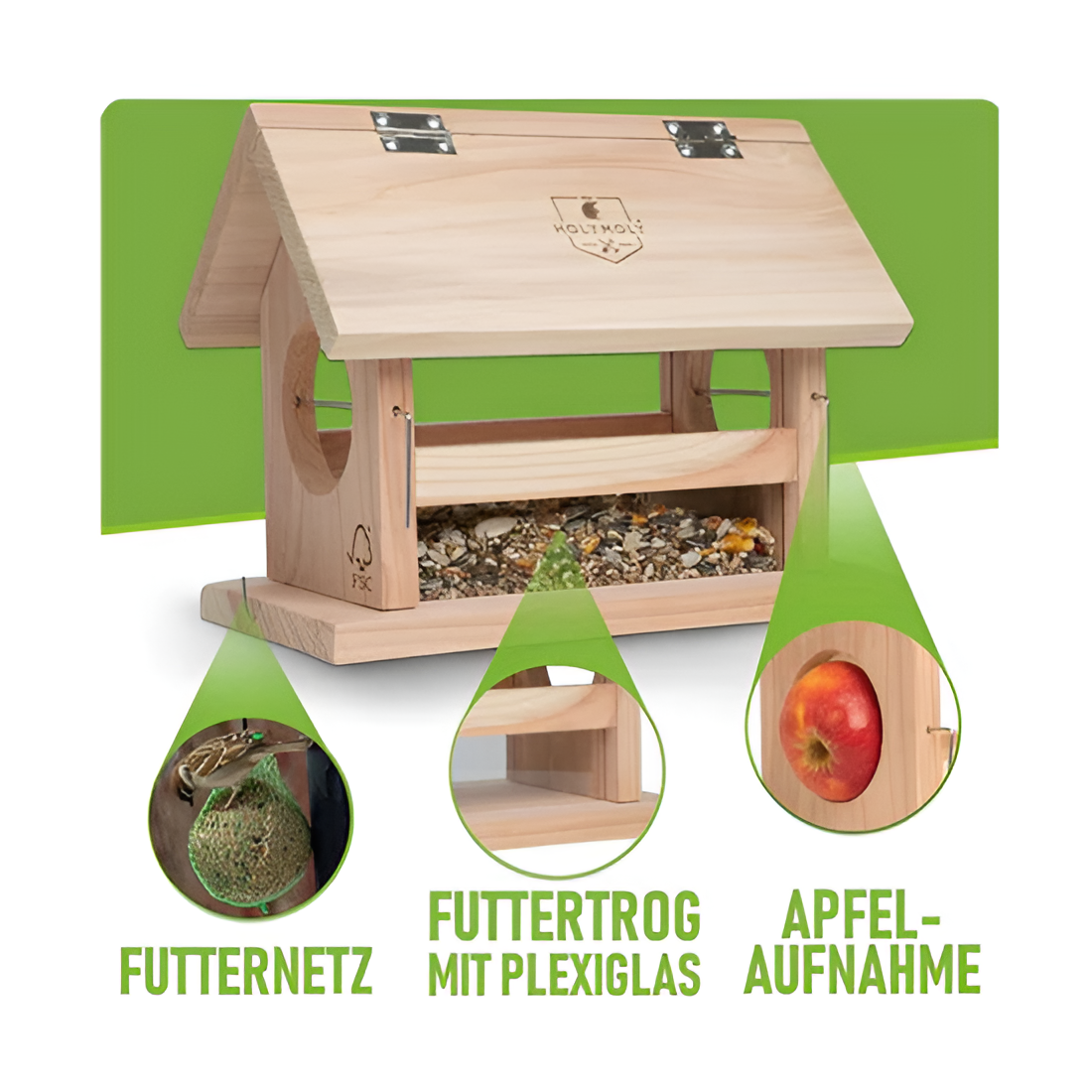 Vogelfutterhaus Birdie 2.0, Aufhängung Futternetz, Apfelaufnahme und Futtertrog mit Plexiglas
