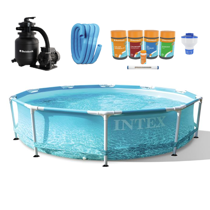 inkl. Sandfilteranlage, Schwimmbadschlauch, Chlor Starterset, Chlordosierschwimmer