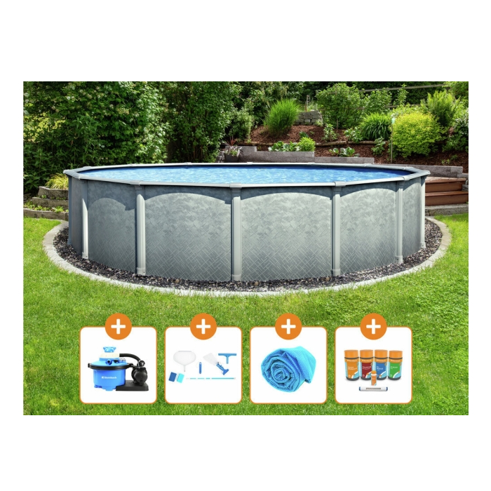 Steinbach Stahlwandpool Grande rund Ø 366x135 cm mit grauer Stahlwand und breitem Skimmer, mit All-in-One Set