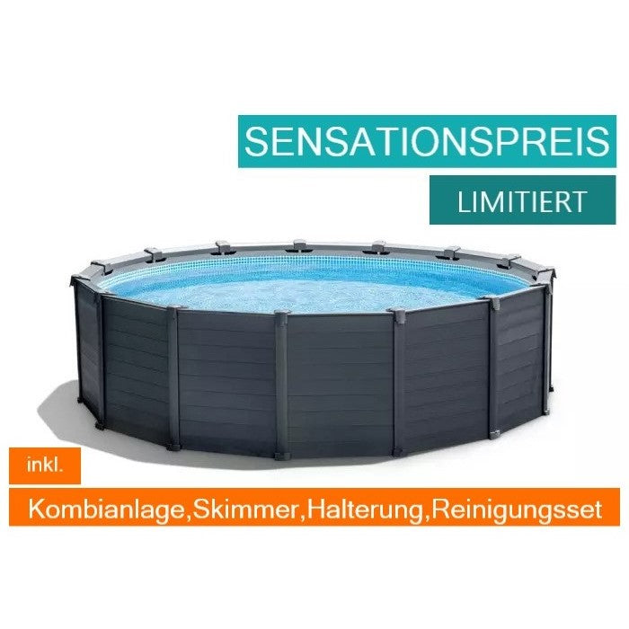 Intex Frame Pool Graphit Ø 478x124 cm, inkl. Kombianlage, Skimmer+Halterung, Reinigungsset